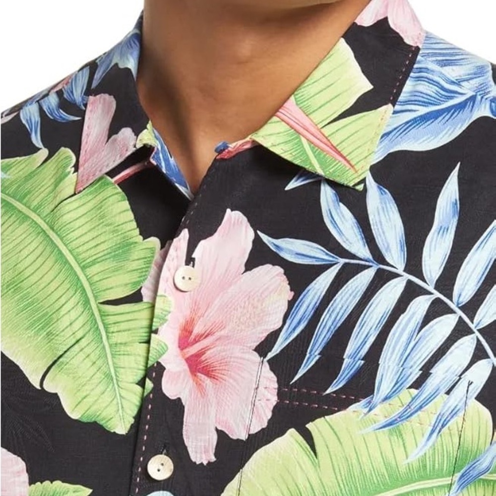 Tommy Bahama Hibiscus Grove 100% Silk Short Sleeve Camp Floral Black Pink - Picture 4 of 16